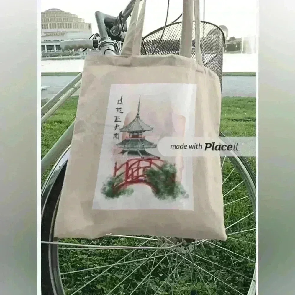 Mahjong inspired print of a bridge and tower recycled canvas tote bag